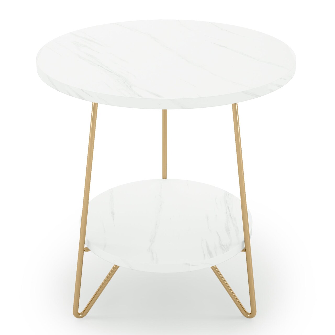 Faux Marble End Table, 2-Tier Round Sofa Bedside Table with Shelves